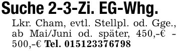 Suche 2-3-Zi. EG-Whg.Lkr. Cham, evtl. Stellpl. od. Gge., ab Mai/Juni od. später, 450,-€ - 500,-€ Tel. ***