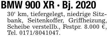 BMW 900 XR - Bj. ***' km, tiefergelegt, niedrige Sitzbank, Seitenkoffer, Griffheizung, Scheibe verstellb., Festpr. 8.000 €, Tel. ***.