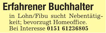 Erfahrener Buchhalterin Lohn/Fibu sucht Nebentätigkeit; bevorzugt Homeoffice.Bei Interesse ***