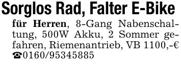 Sorglos Rad, Falter E-Bike für Herren, 8-Gang Nabenschaltung, 500W Akku, 2 Sommer gefahren, Riemenantrieb, VB 1100,-€ _***