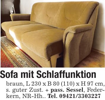 Sofa mit Schlaffunktion braun, L 230 x B 80 (110) x H 97 cm, s. guter Zust. + pass. Sessel, Federkern, NR-Hh.. Tel. ***
