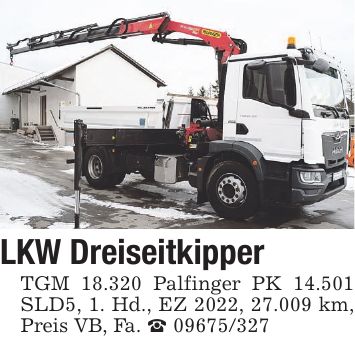 LKW Dreiseitkipper TGM 18.320 Palfinger PK 14.501 SLD5, 1. Hd., EZ 2022, 27.009 km, Preis VB, Fa. _ ***