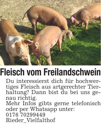 Fleisch vom Freilandschwein Du interessierst dich für hochwertiges Fleisch aus artgerechter Tierhaltung? Dann bist du bei uns genau richtig. Mehr Infos gibts gerne telefonisch oder per Whatsapp unter: *** Rieder_Vielfalthof