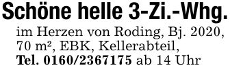 Schöne helle 3-Zi.-Whg.im Herzen von Roding, Bj. 2020,70 m², EBK, Kellerabteil,Tel. *** ab 14 Uhr