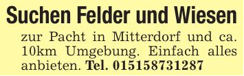 Suchen Felder und Wiesenzur Pacht in Mitterdorf und ca. 10km Umgebung. Einfach alles anbieten. Tel. ***