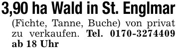 3,90 ha Wald in St. Englmar(Fichte, Tanne, Buche) von privat zu verkaufen. Tel. *** ab 18 Uhr