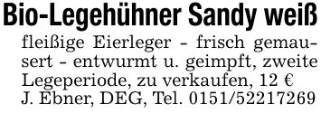 Bio-Legehühner Sandy weißfleißige Eierleger - frisch gemausert - entwurmt u. geimpft, zweite Legeperiode, zu verkaufen, 12 €J. Ebner, DEG, Tel. ***