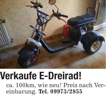 Verkaufe E-Dreirad!ca. 100km, wie neu! Preis nach Vereinbarung. Tel. ***