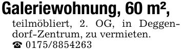 Galeriewohnung, 60 m², teilmöbliert, 2. OG, in Deggendorf-Zentrum, zu vermieten._ ***