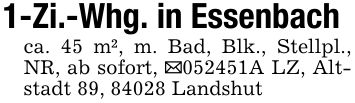 1-Zi.-Whg. in Essenbachca. 45 m², m. Bad, Blk., Stellpl., NR, ab sofort, _***A LZ, Altstadt 89, 84028 Landshut