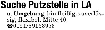 Suche Putzstelle in LAu. Umgebung, bin fleißig, zuverlässig, flexibel, Mitte 40,_***