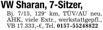 VW Sharan, 7-Sitzer,Bj. 7/15, 129' km, TÜV/AU neu, AHK, viele Extr., werkstattgepfl., VB 17.333,-€, Tel. ***