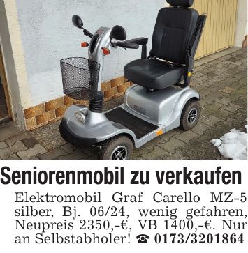 Seniorenmobil zu verkaufen Elektromobil Graf Carello MZ-5 silber, Bj. 06/24, wenig gefahren, Neupreis 2350,-€, VB 1400,-€. Nur an Selbstabholer! _ ***