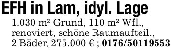 EFH in Lam, idyl. Lage1.030 m² Grund, 110 m² Wfl.,renoviert, schöne Raumaufteil.,2 Bäder, 275.000 € ; ***