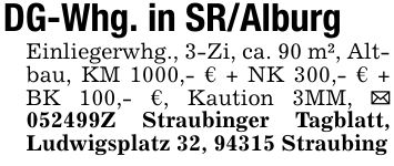 DG-Whg. in SR/AlburgEinliegerwhg., 3-Zi, ca. 90 m², Altbau, KM 1000,- € + NK 300,- € + BK 100,- €, Kaution 3MM, _ ***Z Straubinger Tagblatt, Ludwigsplatz 32, 94315 Straubing