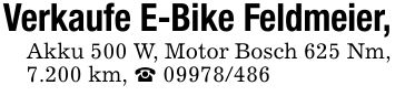 Verkaufe E-Bike Feldmeier,Akku 500 W, Motor Bosch 625 Nm, 7.200 km, _ ***