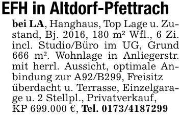 EFH in Altdorf-Pfettrachbei LA, Hanghaus, Top Lage u. Zustand, Bj. 2016, 180 m² Wfl., 6 Zi. incl. Studio/Büro im UG, Grund 666 m². Wohnlage in Anliegerstr. mit herrl. Aussicht, optimale Anbindung zur A92/B299, Freisitzüberdacht u. Terrasse, Einzelgarage u. 2 Stellpl., Privatverkauf,KP 699.000 €, Tel. ***