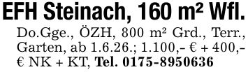 EFH Steinach, 160 m² Wfl.Do.Gge., ÖZH, 800 m² Grd., Terr., Garten, ab 1.6.26.; 1.100,- € + 400,-€ NK + KT, Tel. ***