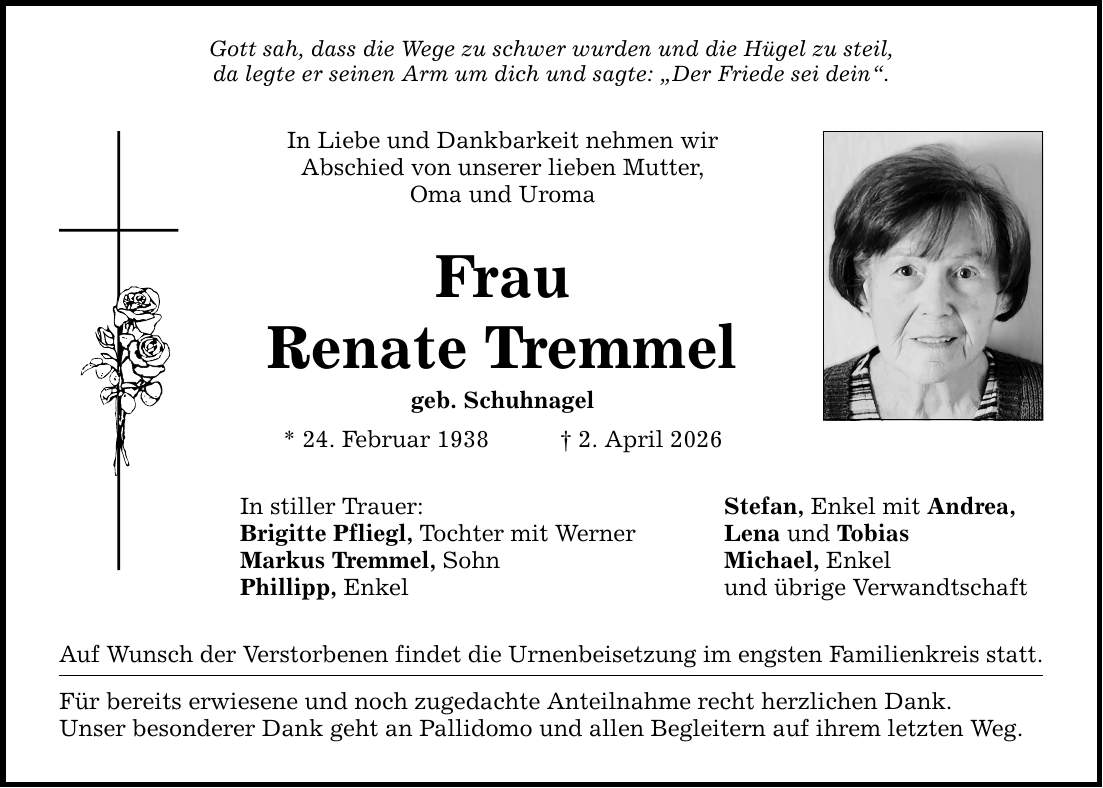 Gott sah, dass die Wege zu schwer wurden und die Hügel zu steil,da legte er seinen Arm um dich und sagte: 