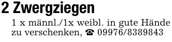 2 Zwergziegen 1 x männl./1x weibl. in gute Hände zu verschenken, _ ***