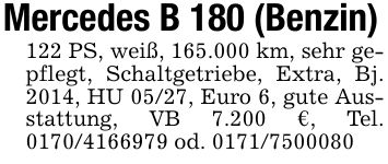 Mercedes B 180 (Benzin)122 PS, weiß, 165.000 km, sehr gepflegt, Schaltgetriebe, Extra, Bj. 2014, HU 05/27, Euro 6, gute Ausstattung, VB 7.200 €, Tel. *** od. ***