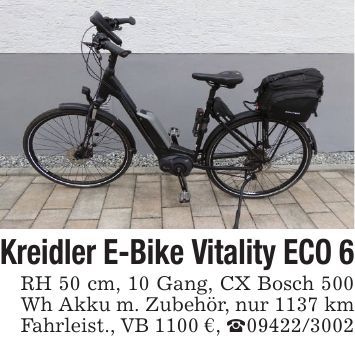 Kreidler E-Bike Vitality ECO 6RH 50 cm, 10 Gang, CX Bosch 500 Wh Akku m. Zubehör, nur 1137 km Fahrleist., VB 1100 €, _***