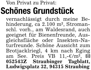 Von Privat zu Privat: Schönes Grundstück vernachlässigt durch meine Behinderung, ca 2.100 m², Stromanschl. vorh., am Waldesrand, auch geeignet für Bienenfreunde, Ausgleichsfläche oder Insekten-Naturfreunde. Schöne Aussicht zum Brotjacklriegl, 4 km nach Eging am See. Preis VB 11,-€/m², _ ***Z Straubinger Tagblatt, Ludwigsplatz 32, 94315 Straubing
