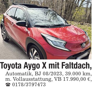Toyota Aygo X mit Faltdach, Automatik, BJ ***, 39.000 km, m. Vollausstattung, VB 17.990,00 €, _ ***