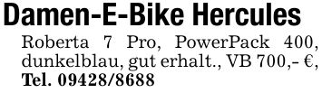 Damen-E-Bike HerculesRoberta 7 Pro, PowerPack 400, dunkelblau, gut erhalt., VB 700,- €, Tel. ***