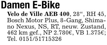 Damen E-BikeVelo de Ville AEB 400, 28