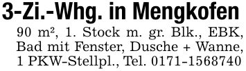 3-Zi.-Whg. in Mengkofen90 m², 1. Stock m. gr. Blk., EBK, Bad mit Fenster, Dusche + Wanne, 1 PKW-Stellpl., Tel. ***