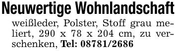 Neuwertige Wohnlandschaftweißleder, Polster, Stoff grau meliert, 290 x 78 x 204 cm, zu verschenken, Tel: ***