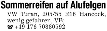 Sommerreifen auf AlufelgenVW Turan, 205/55 R16 Hancock, wenig gefahren, VB;_ +***