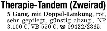Therapie-Tandem (Zweirad)5 Gang, mit Doppel-Lenkung, rot, sehr gepflegt, günstig abzug., NP 3.100 €, VB 550 €, _ ***.