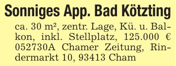 Sonniges App. Bad Kötztingca. 30 m², zentr. Lage, Kü. u. Balkon, inkl. Stellplatz, 125.000 € ***A Chamer Zeitung, Rindermarkt 10, 93413 Cham