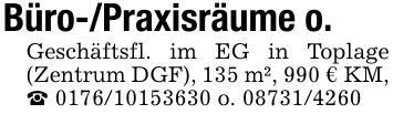 Büro-/Praxisräume o. Geschäftsfl. im EG in Toplage (Zentrum DGF), 135 m², 990 € KM, _ *** o. ***