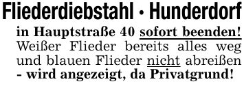 Fliederdiebstahl - Hunderdorfin Hauptstraße 40 sofort beenden! Weißer Flieder bereits alles weg und blauen Flieder nicht abreißen - wird angezeigt, da Privatgrund!