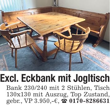 Excl. Eckbank mit Jogltisch Bank *** mit 2 Stühlen, Tisch 130x130 mit Auszug, Top Zustand, gebr., VP 3.950,-€, _ ***