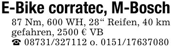E-Bike corratec, M-Bosch 87 Nm, 600 WH, 28