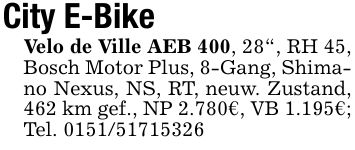 City E-BikeVelo de Ville AEB 400, 28