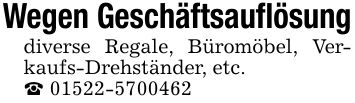 Wegen Geschäftsauflösung diverse Regale, Büromöbel, Verkaufs-Drehständer, etc. _ ***