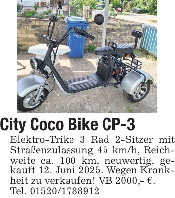 City Coco Bike CP-3 Elektro-Trike 3 Rad 2-Sitzer mit Straßenzulassung 45 km/h, Reichweite ca. 100 km, neuwertig, gekauft 12. Juni 2025. Wegen Krankheit zu verkaufen! VB 2000,- €. Tel. ***