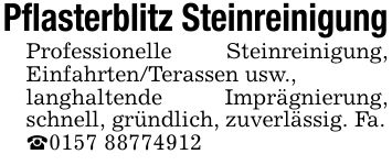 Pflasterblitz SteinreinigungProfessionelle Steinreinigung, Einfahrten/Terassen usw.,langhaltende Imprägnierung, schnell, gründlich, zuverlässig. Fa._***