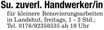 Su. zuverl. Handwerker/infür kleinere Renovierungsarbeiten in Landshut, freitags, 1 - 2 Std.;Tel. *** ab 19 Uhr