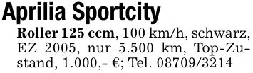 Aprilia SportcityRoller 125 ccm, 100 km/h, schwarz, EZ 2005, nur 5.500 km, Top-Zustand, 1.000,- €; Tel. ***