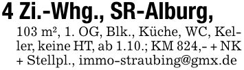 4 Zi.-Whg., SR-Alburg,103 m², 1. OG, Blk., Küche, WC, Keller, keine HT, ab 1.10.; KM 824,- + NK + Stellpl., immo-straubing@gmx.de