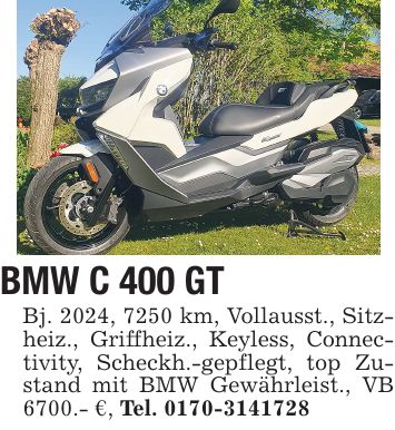 BMW C 400 GT Bj. 2024, 7250 km, Vollausst., Sitzheiz., Griffheiz., Keyless, Connectivity, Scheckh.-gepflegt, top Zustand mit BMW Gewährleist., VB 6700.- €, Tel. ***
