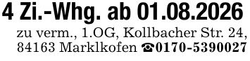 4 Zi.-Whg. ab 01.08.2026 zu verm., 1.OG, Kollbacher Str. 24, 84163 Marklkofen _***