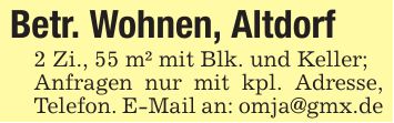 Betr. Wohnen, Altdorf2 Zi., 55 m² mit Blk. und Keller;Anfragen nur mit kpl. Adresse, Telefon. E-Mail an: omja@gmx.de