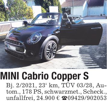 MINI Cabrio Copper S Bj. 2/2021, 23' km, TÜV 03/28, Autom., 178 PS, schwarzmet., Scheck., unfallfrei, 24.900 € _***